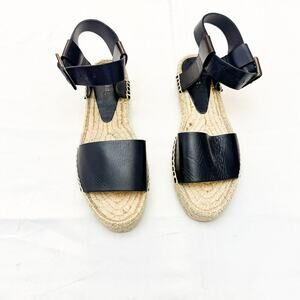 Vince Abby Espadrille Leather Black Sandal Wedge Shoes Size 8